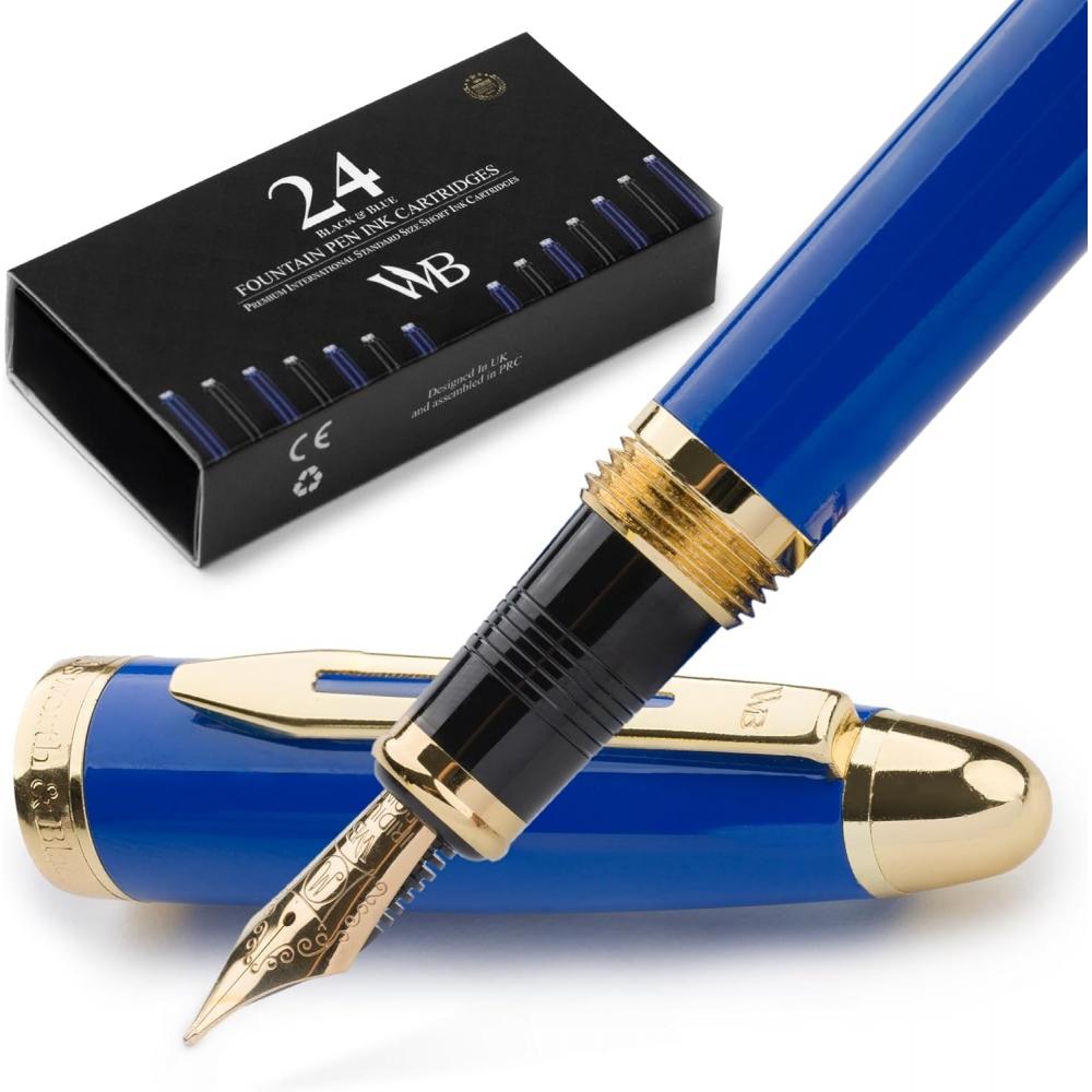 Wordsworth Black Fountain Pen Luxury Case 24k Gold Finish Blue 18k Gold