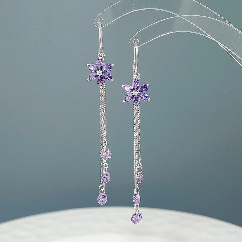

Luxury Sterling Earrings Long Tassel Earline Purple Zircon Earrings