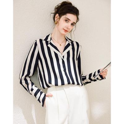 Damen 100% Maulbeerseide Streifen Jacquard Kragen Hemd
