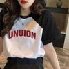 T-shirt da donna a maniche corte con design sulle spalle, top color block primavera ed estate, stile coreano, scollo rotondo ampio