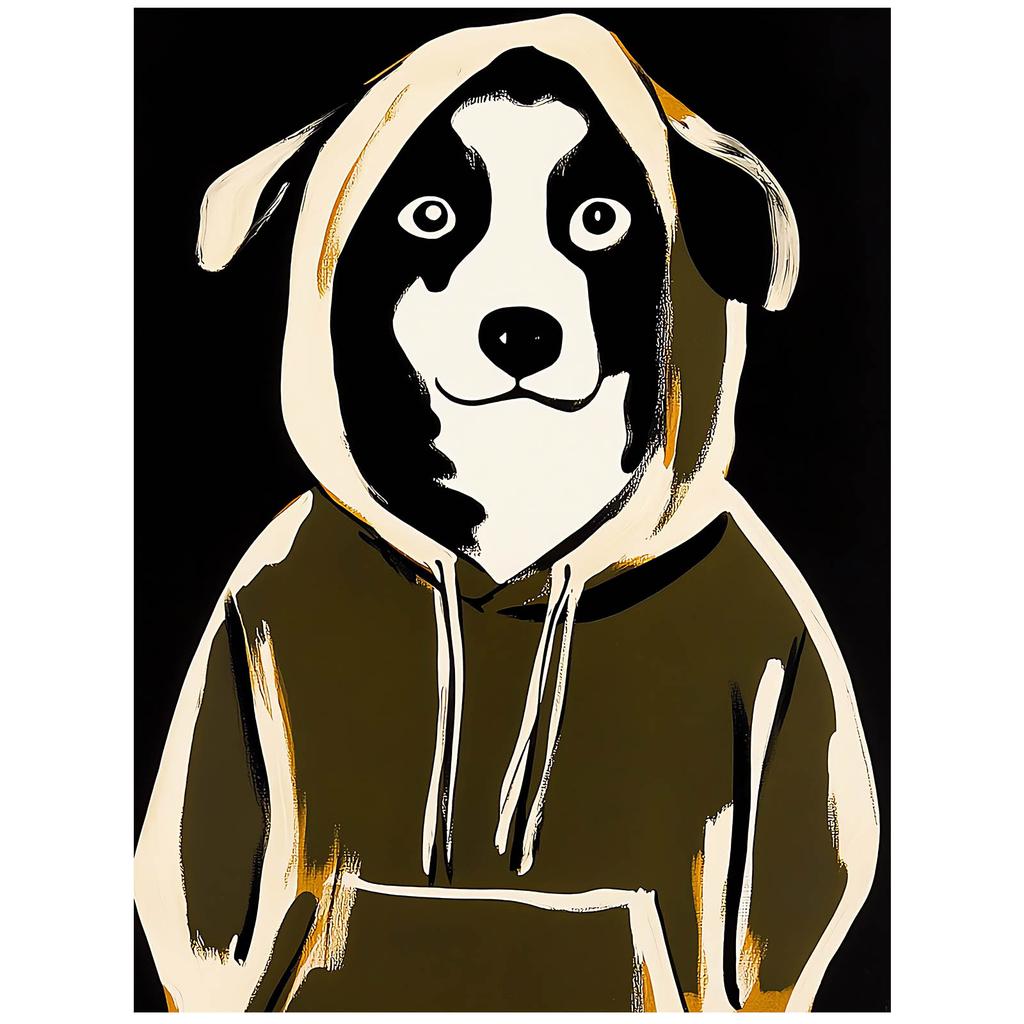Poster Cute Dog In a Sweatshirt Poster Cute Dog In a Sweatshirt, 30X40 Cm, Dark Brown Wooden Frame, 230 Gsm Matte Paper