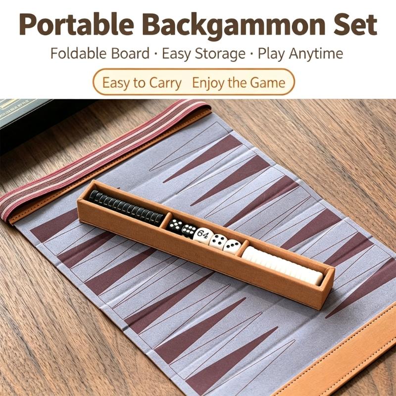 Flexible Backgammon Game Set with PU Playing Board and Acrylic Counters, Elastic Storage Closure for Camping, Commutes, and Indoor Play
