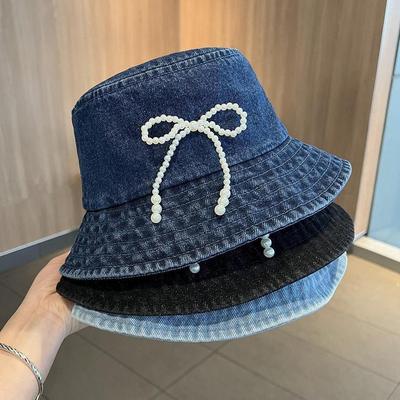 Sombrero de Cubo de Mezclilla para Mujer Primavera y Verano Lindo Sombrero de Cubeta con Lazo de Perlas que Muestra el Rostro Pequeño Sombrero de Protección Solar para Exteriores