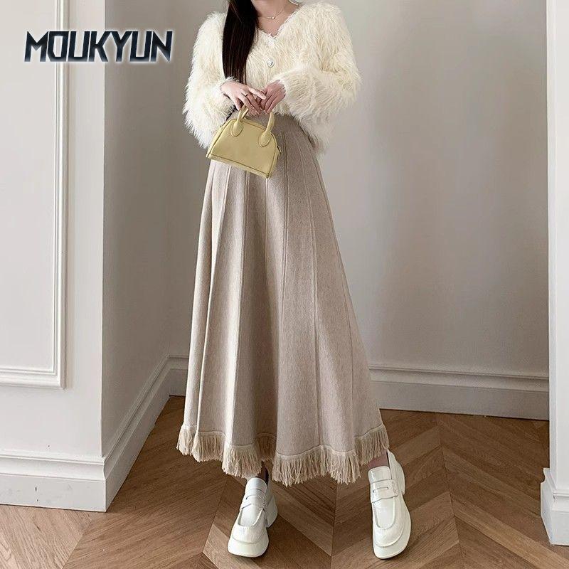 Thicken Pleated Skirts Women Oversize Korean Elegant Casual Midi Skirt White Winter Warm Knitted Skirt