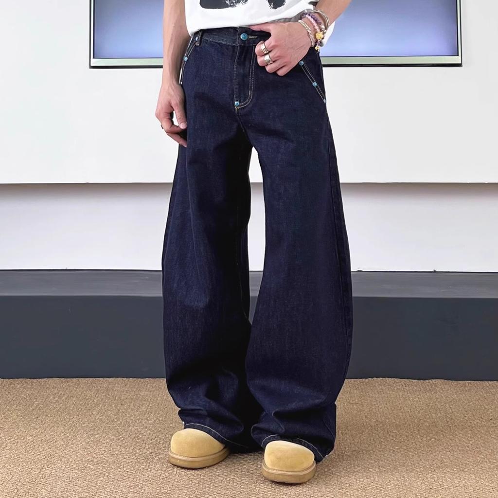 Unisex American Vintage Raw Denim Banana Wide Leg Jeans Turquoise Hardware Clean Fit Loose Straight Trousers S-3XL