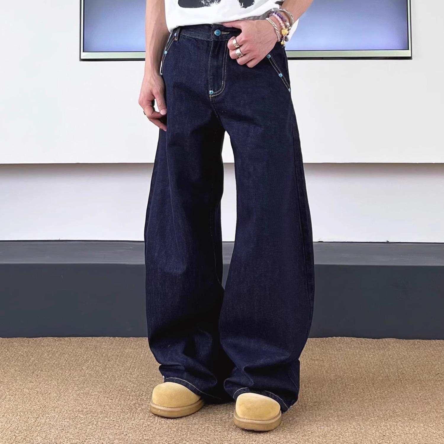 Unisex American Vintage Raw Denim Banana Wide Leg Jeans Turquoise Hardware Clean Fit Loose Straight Trousers S-3XL S