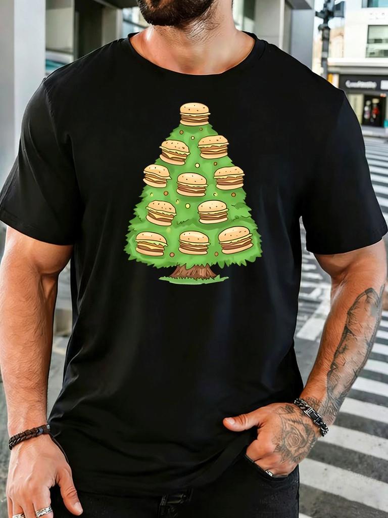 Unisex Short Sleeve T Shirt Burger Christmas Tree Graphic Tee Food Print Tops Summer Soft Cotton Casual Street Wear For Adult Male