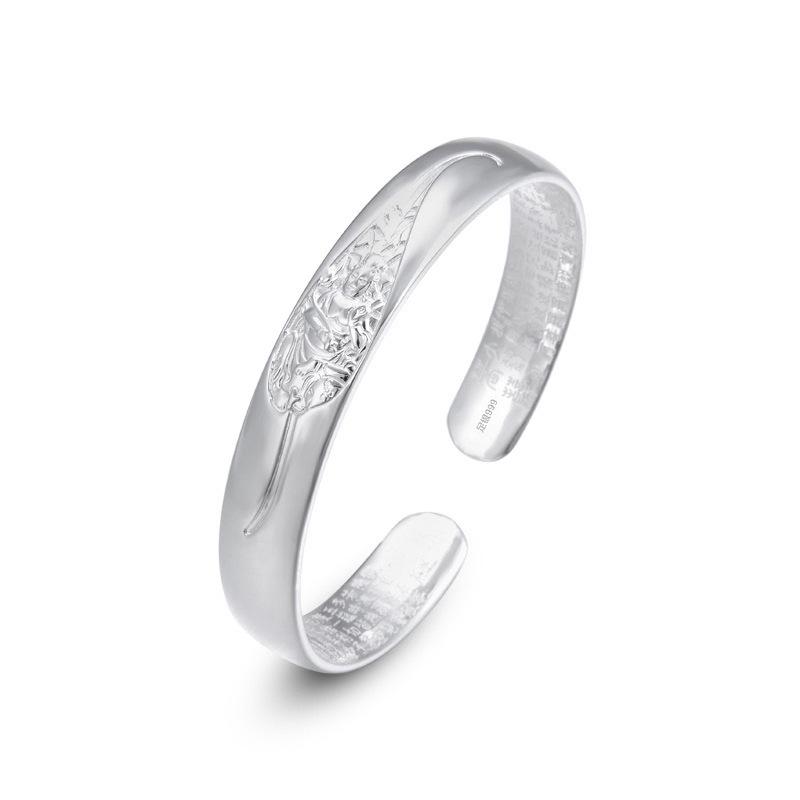 Classic S999 Sterling Silver Heart Sutra Bangle: Chinese Style Wide Open Bracelet for Women - Ideal Gift for Elders.