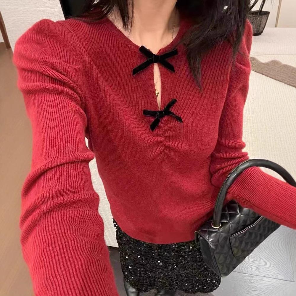 French High-grade Bow Knit Bottom Shirt Female New Autumn and Winter Temperament Students Long-sleeved Sweater Top