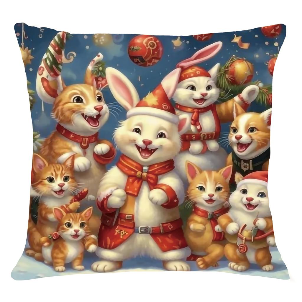 1pc Joyful Animal Theme Cat And Dog Double-Sided Print Christmas Pillowcase, Soft And Comfortable Short Plush Pillow Cover, Square Polyester Zipper Cu