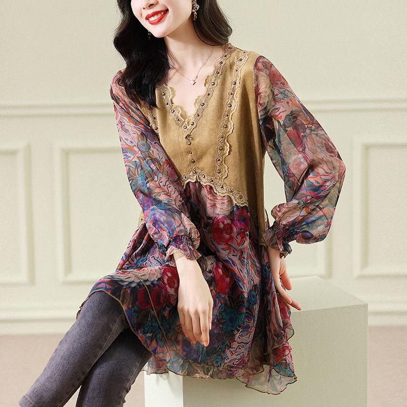 Modisches Patchwork-Chiffon-Shirt mit Blumenmuster für Damen, für Frühling und Sommer