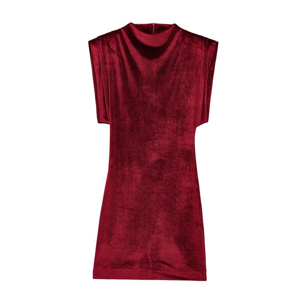 Zlaté sametové minišaty bez rukávů s ramenními vycpávkami, sexy úzký střih, design s vysokým pasem.