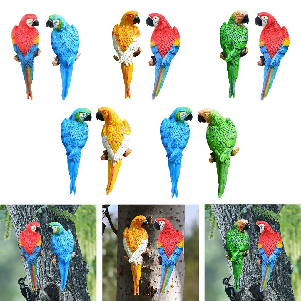 2x Parrot Figurines Tree Decor Decorative Art Crafts Garden Statues Tree Ornaments for Patio Balcony Backyard Porch Outdoor