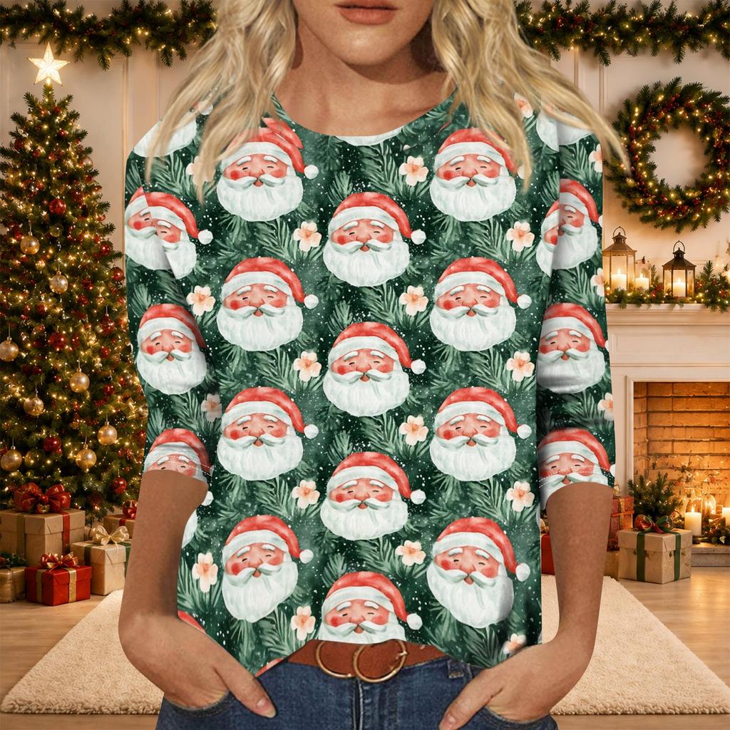 Women's Casual Christmas Print Three-Quarter Sleeve Neck Blouse