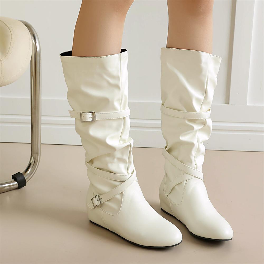 Large Size 48 Vintage Y2K Buckle Straps Fall Winter Knee‑High Boots Women Shoes Brown Hidden Wedge Heel Pleated Western Boots