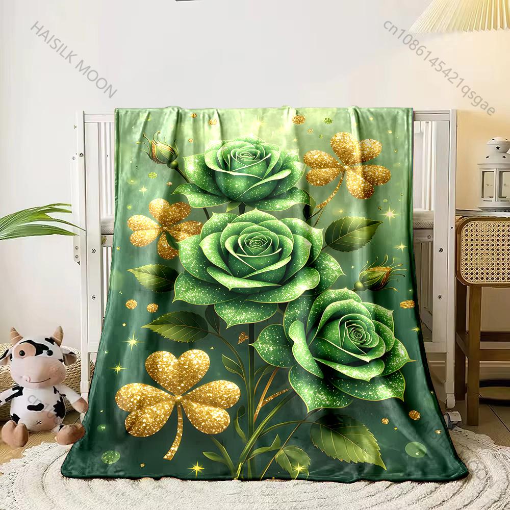 

1PC Green roses and gold clovers Print Adult Children Warm Blankets Home Travel Car Soft Comfortable Suitable for all seasons 75x100cm