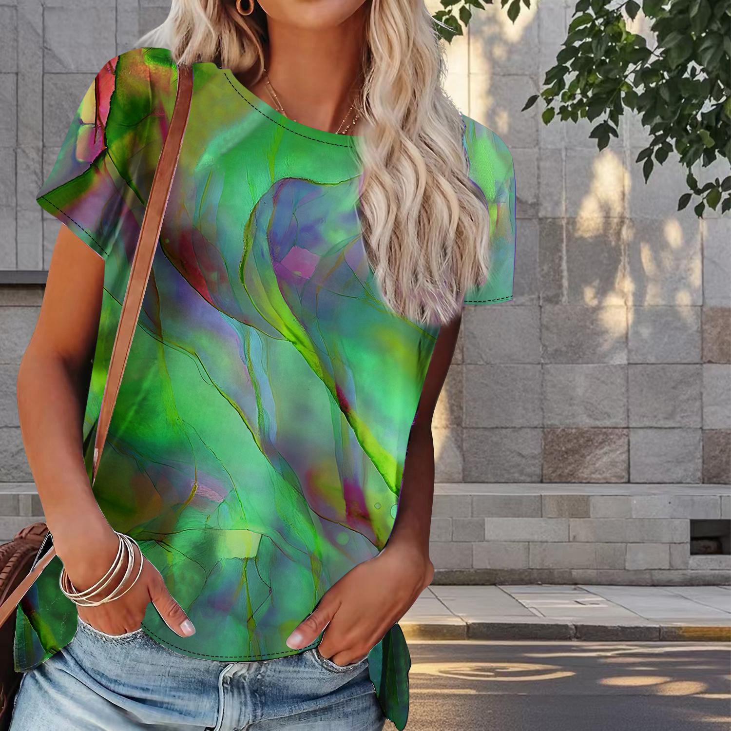 

Женская летняя футболка с разноцветным принтом в стиле ретро, футболки с коротким рукавом, повседневные топы с принтом M зелёный