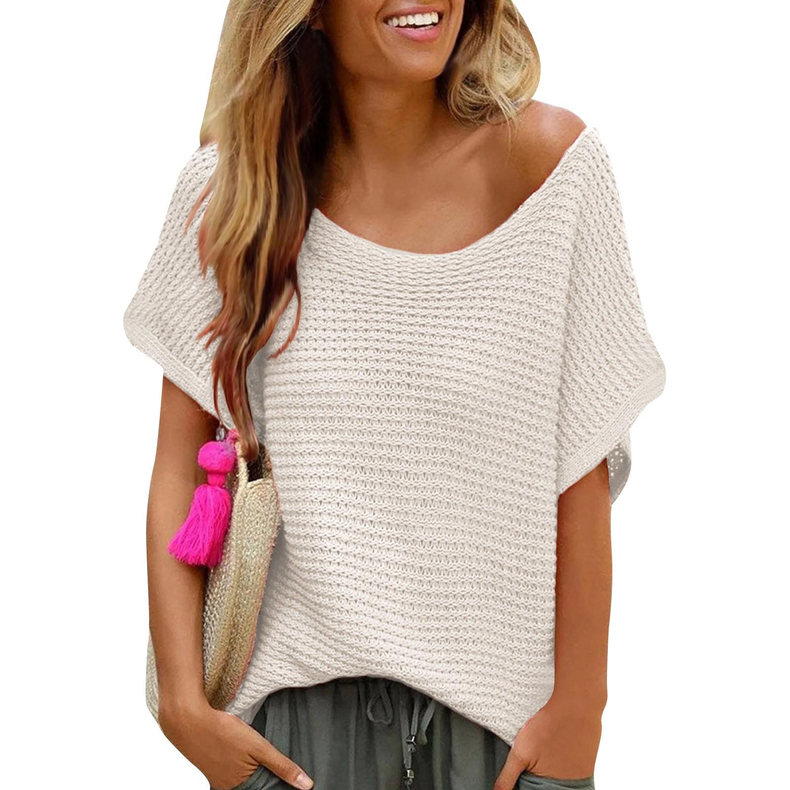 

Женская мода с круглым вырезом, однотонный трикотаж, свободный топ с короткими рукавами для женщин L бежевый