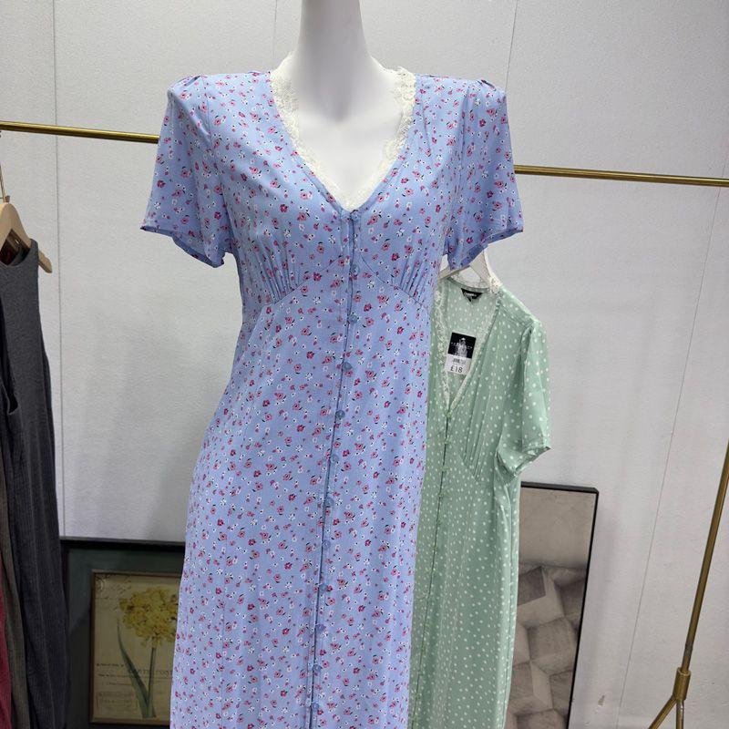 

Julongjia Original Packaging British Single New Fairy Dress Lace V-neck Short sleeve Long dress Long about 126cm + Small blue flower UK16