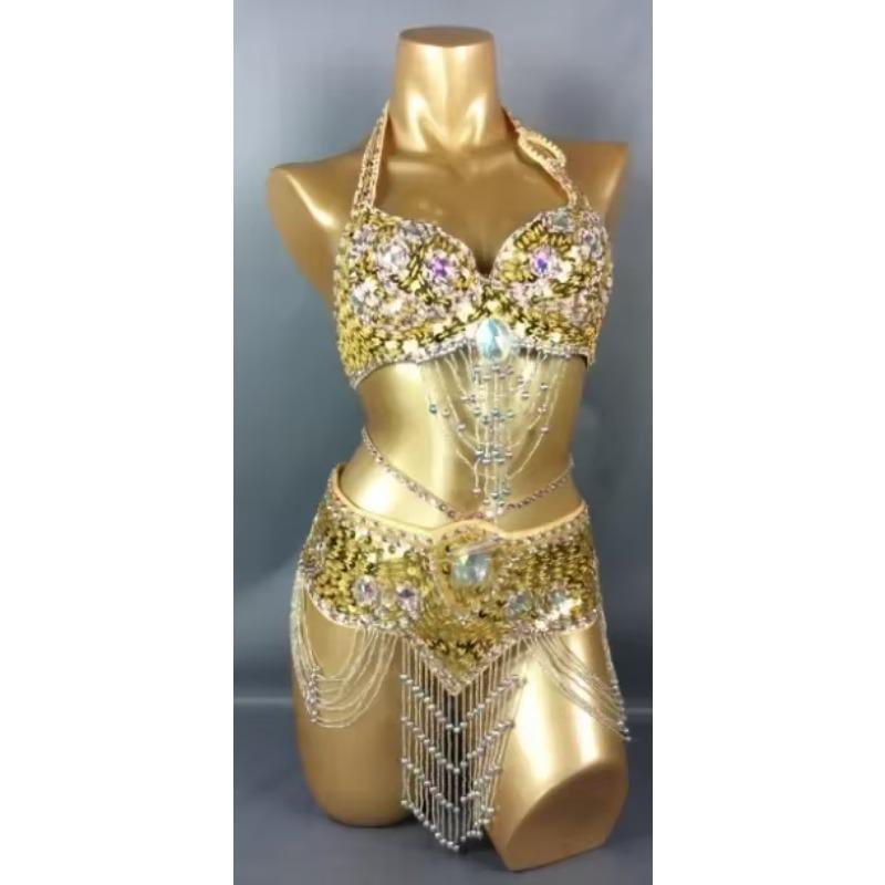 Hot Selling Women Beaded Sequins Belly Dancing Suite Belt+Bra Samba Costumes Club USA Bra Size 34B,36B,38B,40B,34D,36D,38D,40D