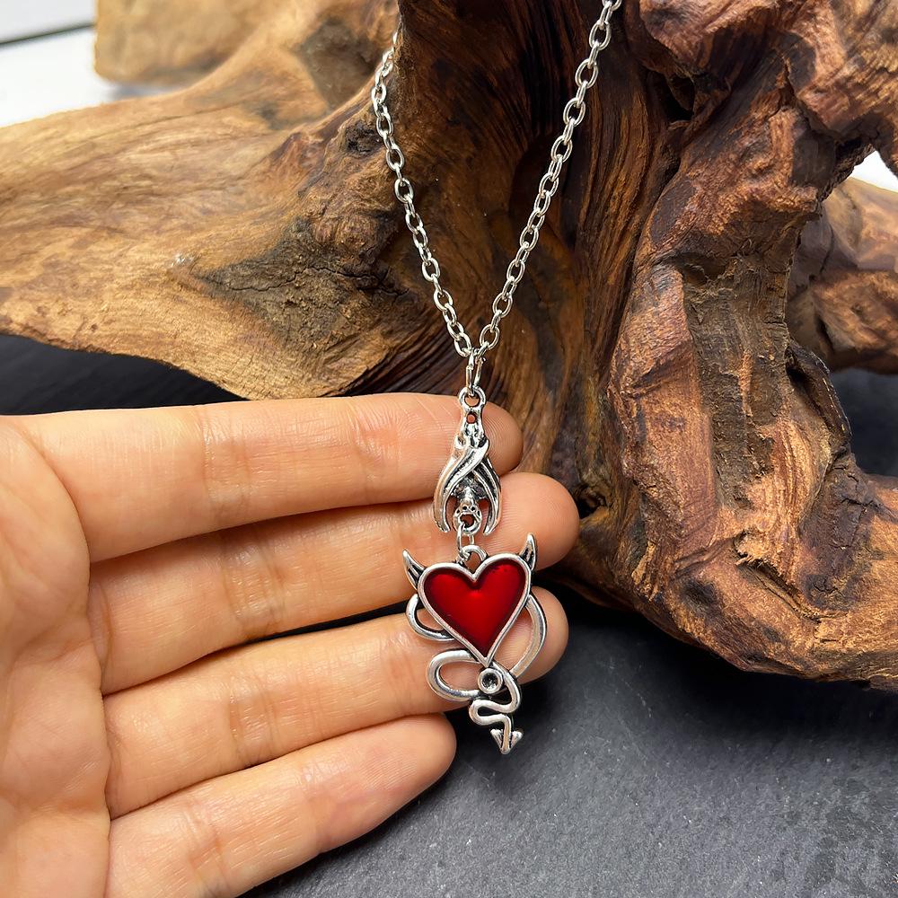 Dark Gothic Punk Bat Demon Heart Necklace & Earrings Set