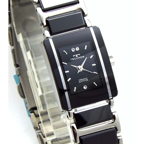 TECHNOS Women's Elegant Ceramic Watch with Black Dial and Silver Combination Heart Bracelet Set (TSL906TB-SET)