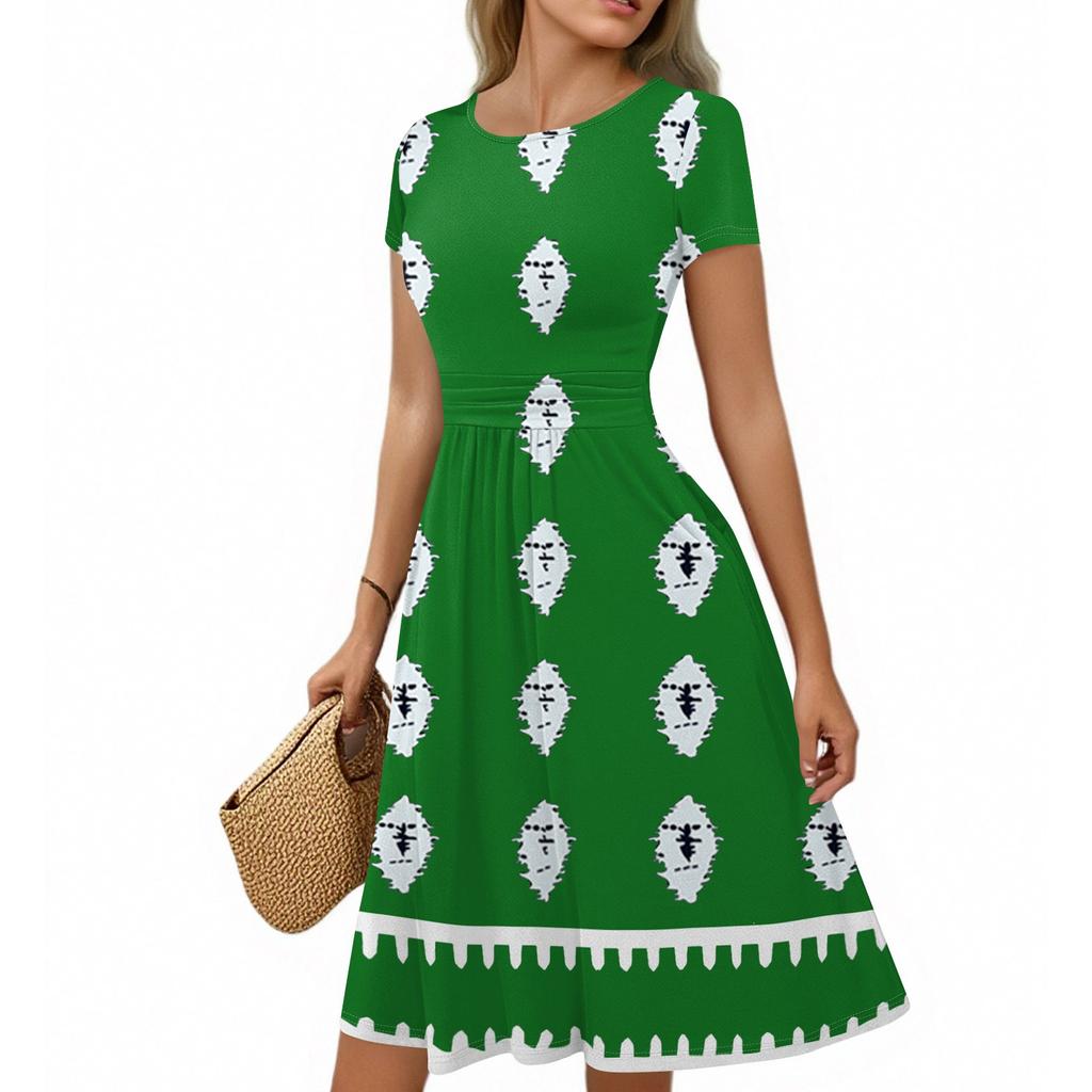 Women's Casual Fashion Round Neck Pleated Short Sleeve Bohemian A-Line Midi Dress