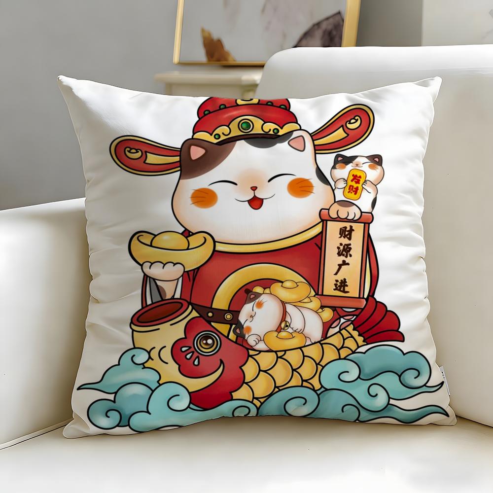 classic Neko Rich Luck Money Cat Cushion Cover Soft & Easy-Wash Pillow Case – Versatile for Couch, Bed, Travel and Office