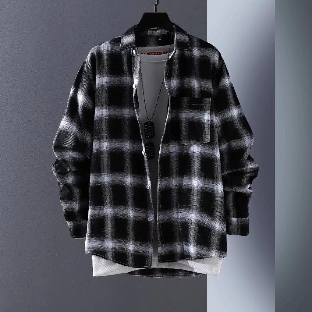 Camisa de manga comprida masculina, camisa xadrez, casaco juvenil