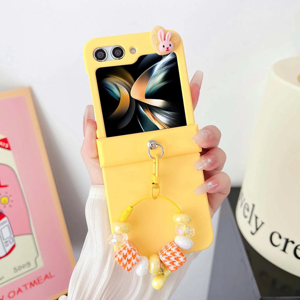 Cute Rabbit Bling Glitter Bead Wrist Strap Phone Case for Samsung Galaxy Z Flip 7 6 5 4 3 5G Hinge Protection Shockproof Cover
