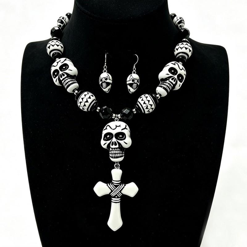 Gothic Skull Cross Necklace Earring Set Punk Vintage Party Jewelry Men Women Teens