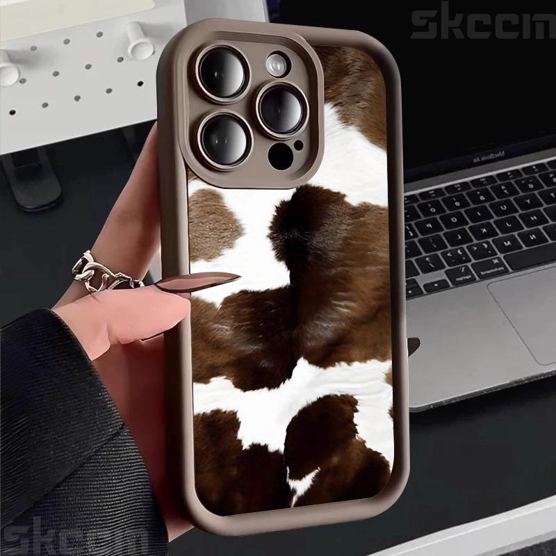 Custodia per Telefono con Fantasia Pelle di Mucca Marrone Vintage per iPhone 16 Pro Max 15 14 13 12 11 16E 7 8 Plus X XS XR Cover Morbida Antiurto Opaca
