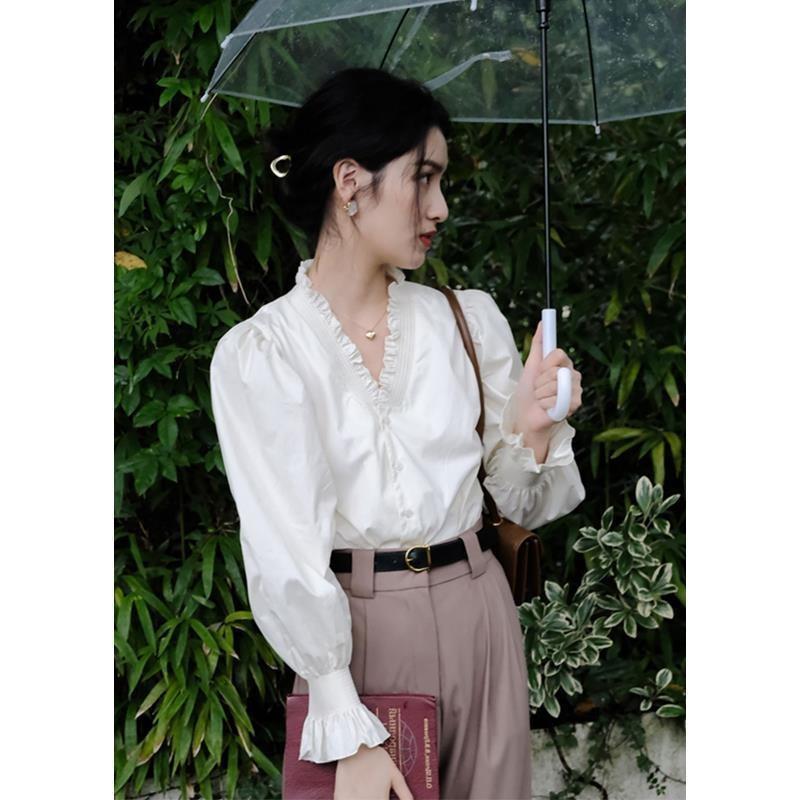 Hemden Damen Frühling All-Match V-Ausschnitt Stilvolles Koreanisches Design Retro Bequem Elegant Lässig Trendig Rüschen Neu Schick Sanft