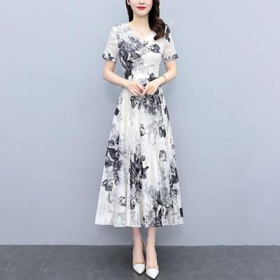 Damen Sommer Fließendes Chiffon Maxi Kleid Lässig Kurzarm V-Ausschnitt Langes Kleid Boho Floral Strandkleid