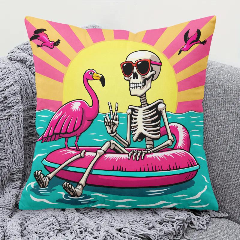 Fun Skeleton And Flamingo Pillow Cover 2D Printed Polyester Sofa Cushion Cover-For Beach, Camping And Home Decor