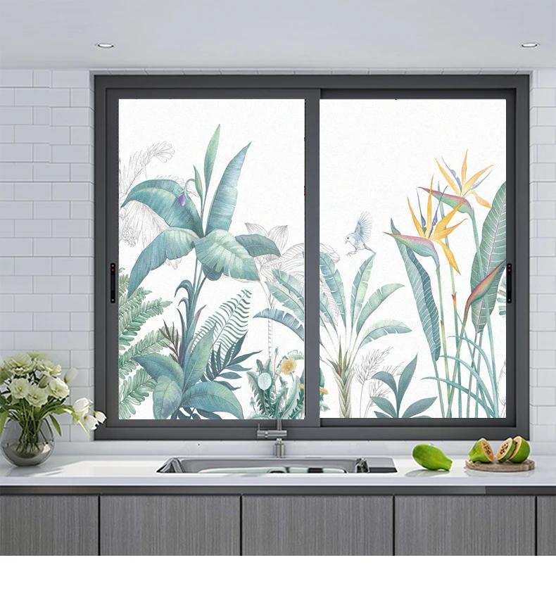 Privacy Window Film Static Cling No Glue Decorative Green Plants Window Treatments Window Coverings Glass Sticker for Home