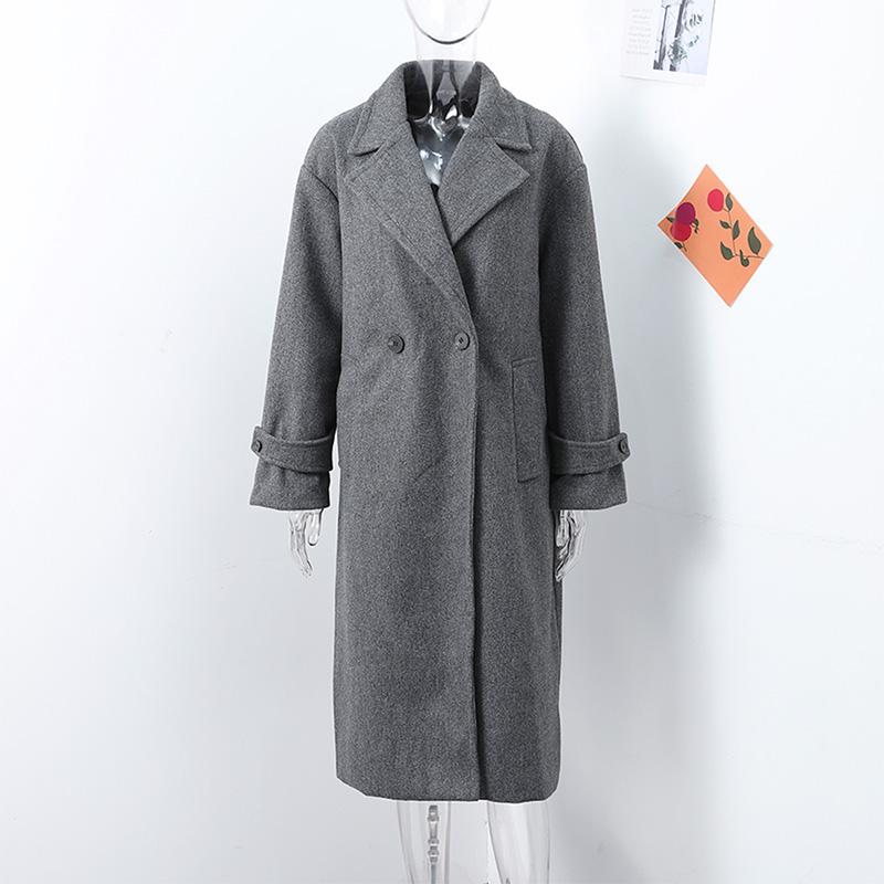 Women Fashion Wool Blend Warm Long Coat Autumn Winter Loose Pocket Double-breasted Jacket Elegant Lapel Overcoat