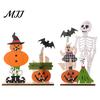 Halloween Spring Bat Sign Wooden Table Sign, Spooky Skeleton Pumpkin Ghost Centerpiece Solid Wood Ornament for Home, Shelf, Desk, Mantel, Tabletop,
