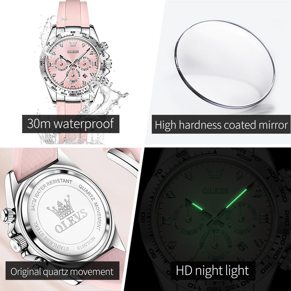 OLEVS Quarz-Armbanduhr für Damen Silikonarmband Wasserdicht Leuchtzeiger Chronograph Sport Damen Mode Armbanduhr