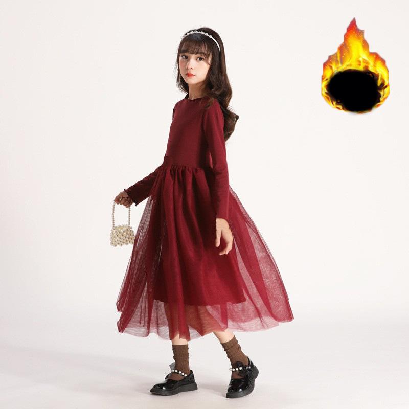 Autumn and Winter Long Sleeved Girls' Dress Children's Fluffy Gauze Skirt Mid To Large Kids Clothing Performance Princess Dress