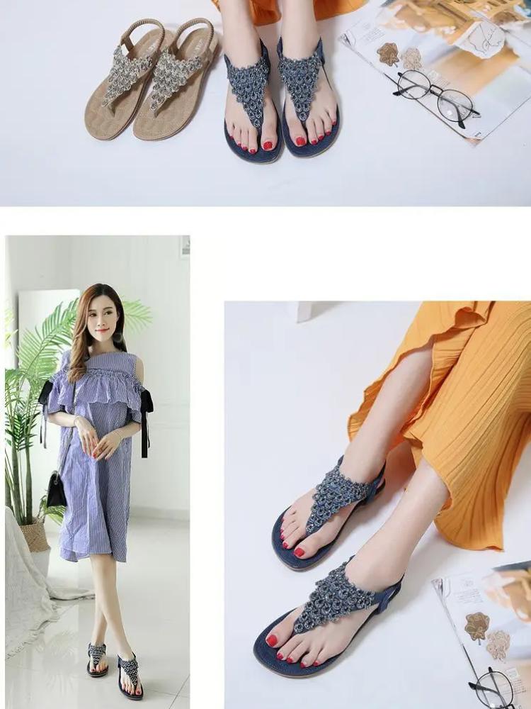 Johnature Grundlegende lässige Gummiband-feste ethnische Kristallrückseiten-Riemen-flache mit Flip-Flops-Frauen-Schuhen