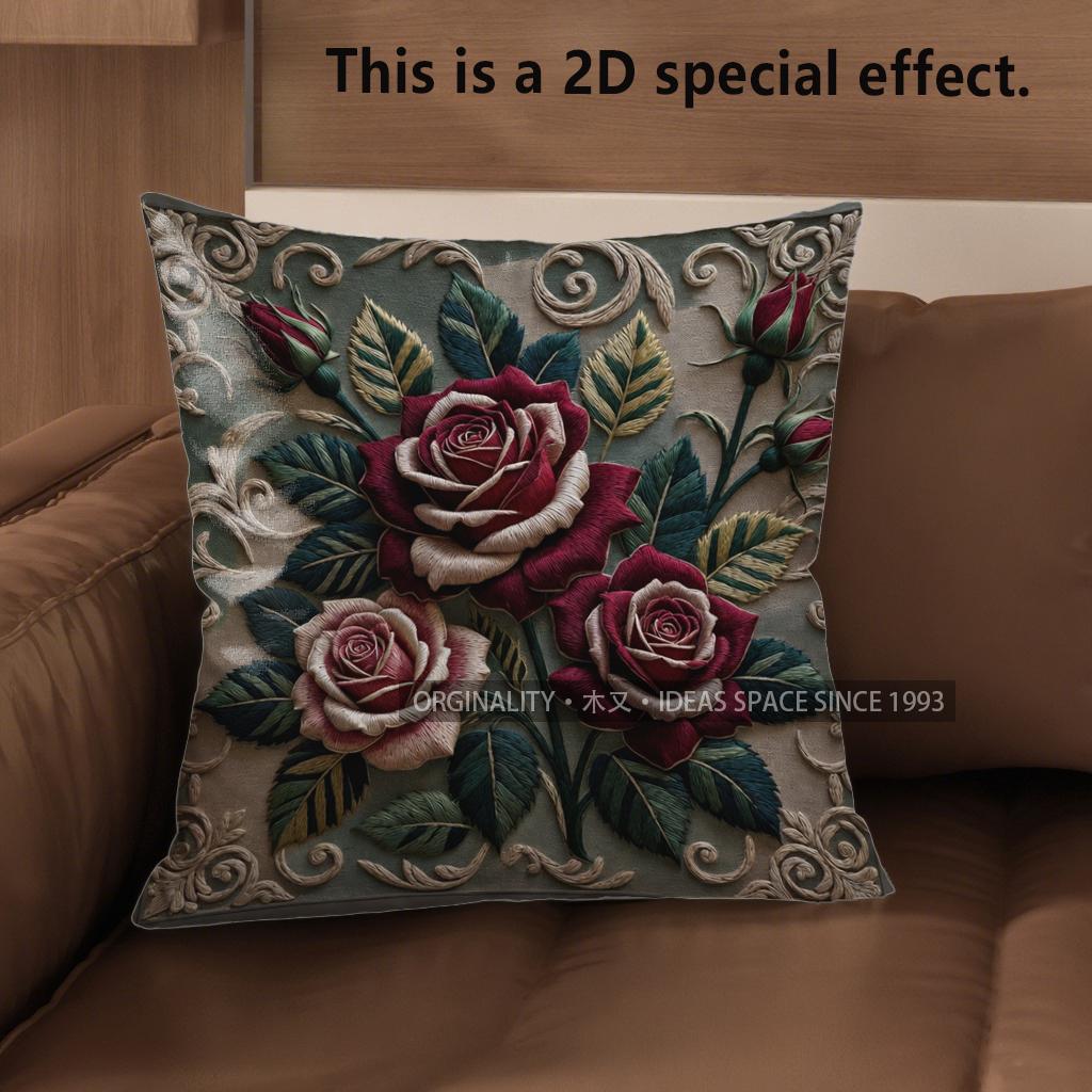 

2D Vintage Embroidered Rose Throw Pillow Covers** Pattern Cushion Cover Suitable For Sofa Bedroom Car Pillow Cover 40x40cm