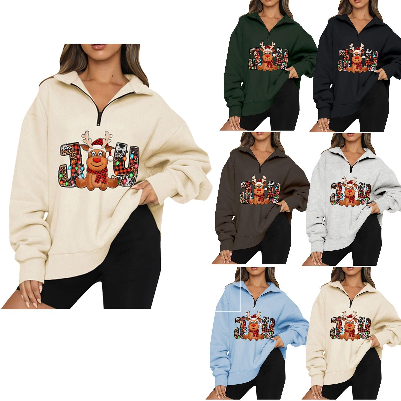 

Женская повседневная модная толстовка на молнии с длинным рукавом с рождественским принтом и лацканами