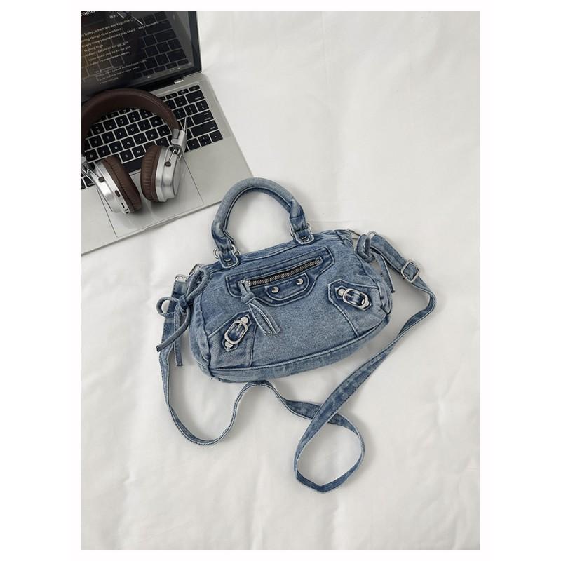 Retro Motorcycle Style Denim Handbag With Studs Chic Crossbody Shoulder Bag Women Streetwear Fashion Accessory