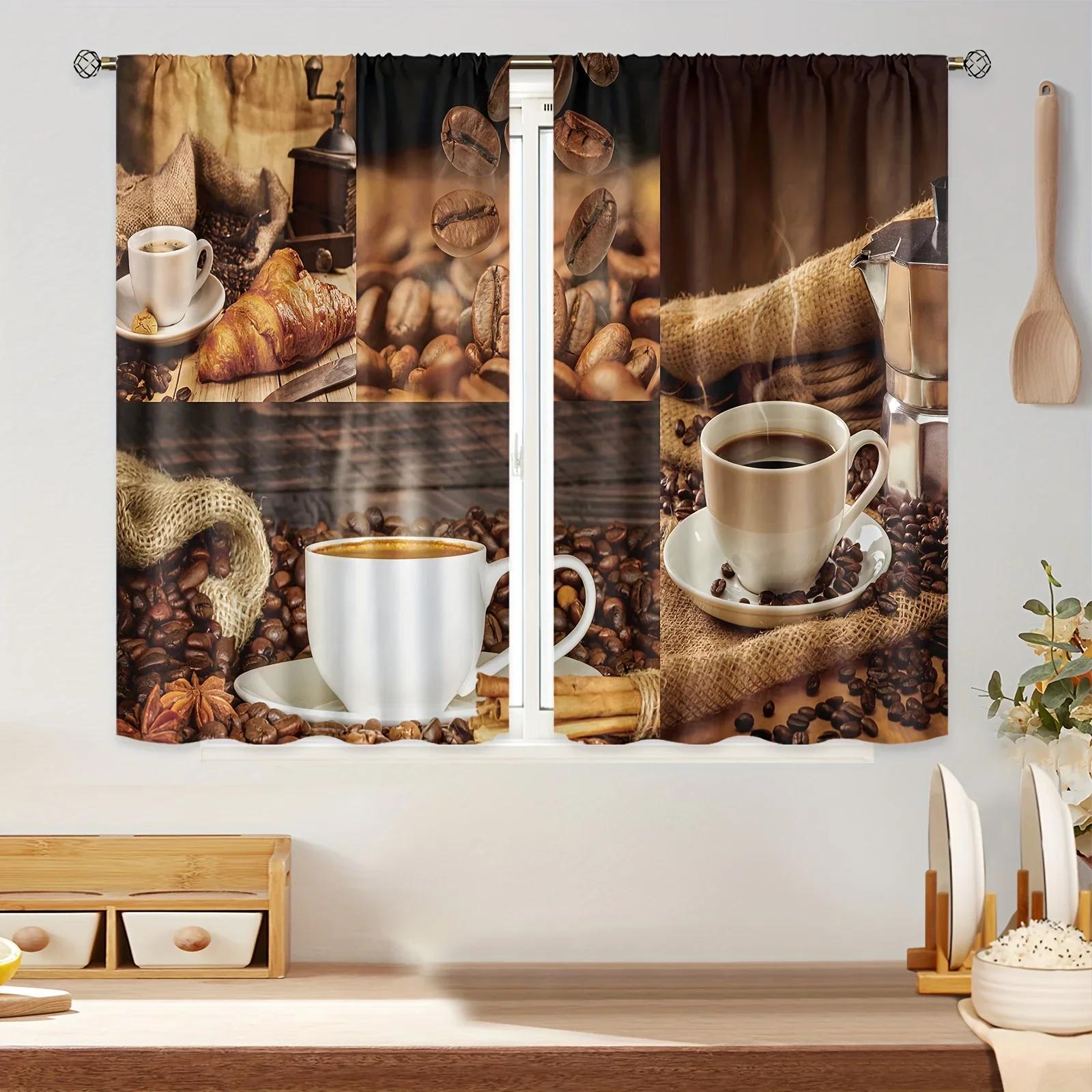

3D 2Panel Кухонные Шторы Кофейная Ложка Овощной Принт Шторы для Окна Кухни Короткие Шторы Карманные Шторы для Штор (100W240H)x2(CM)&Grommet Top