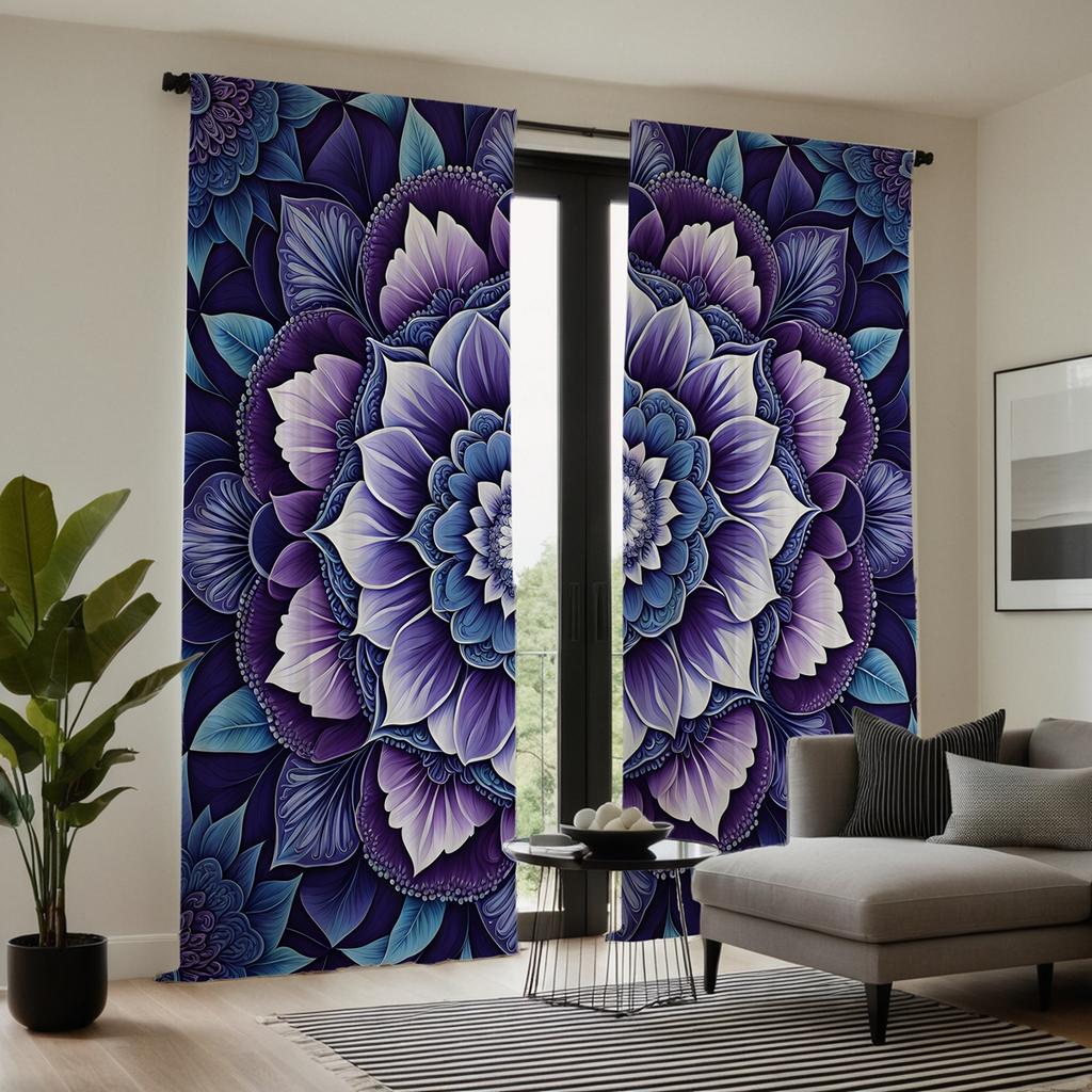 2pcs HD Mandala Flower Decorative Curtain Purple Tie Digital Printed Curtain Home Decoration Style Decoration Living Room Bed