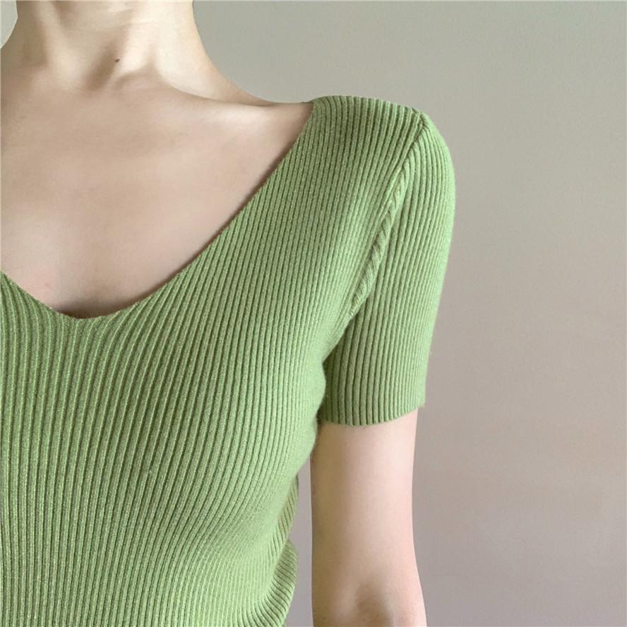 Sommer Slim Dünnes V-Ausschnitt Unterhemd Retro Kurzarm T-Shirt Hundert Gestrickte Pullover Tops Damen Linie Kleidung Lässige Slim Fit Pullover T-Shirts
