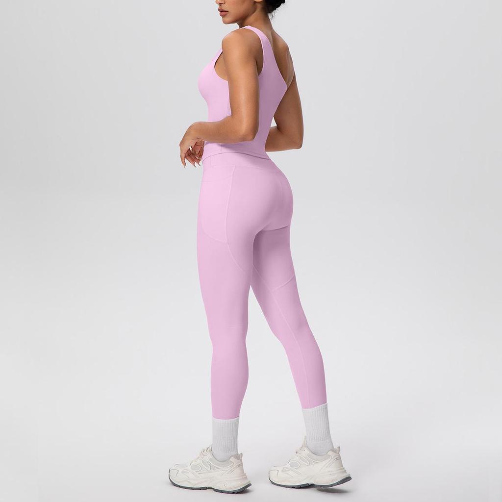 European & American Solid Color One-Shoulder Sports Vest & High-Waisted Pocket Yoga Pants Fitness Set for Women