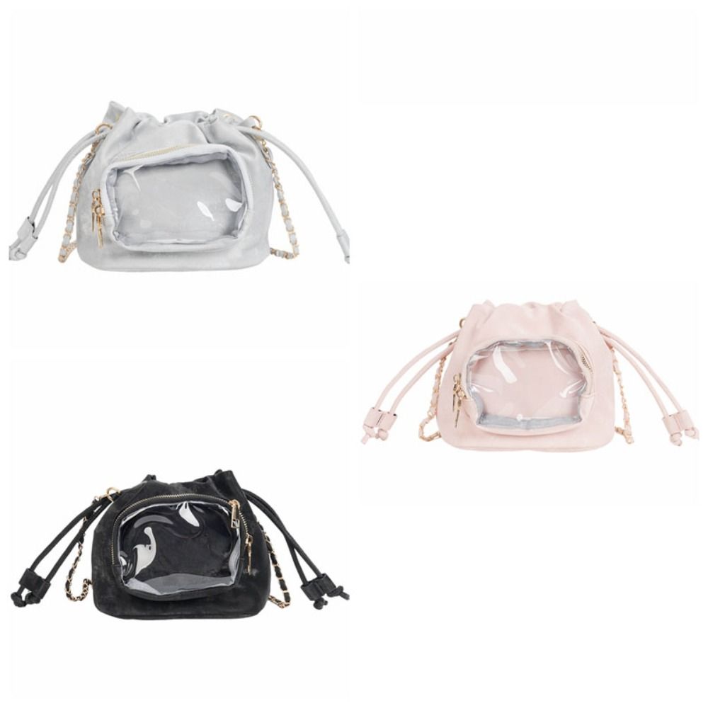 Cute Handbag Transparent Pocket Itabag Shoulder Bag Purse Drawstring Bucket Bag Solid Color Korean Style Crossbody Bag Student