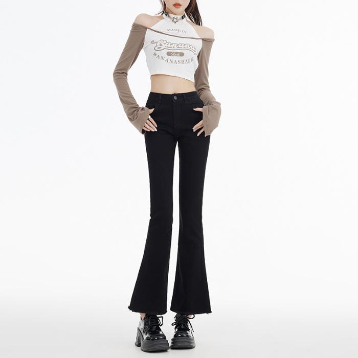 Autumn Winter Black Raw Edge Micro Flare Petite Eight Nine Points Casual Denim Pants Ladies Casual Pants Oversize Denim Trousers